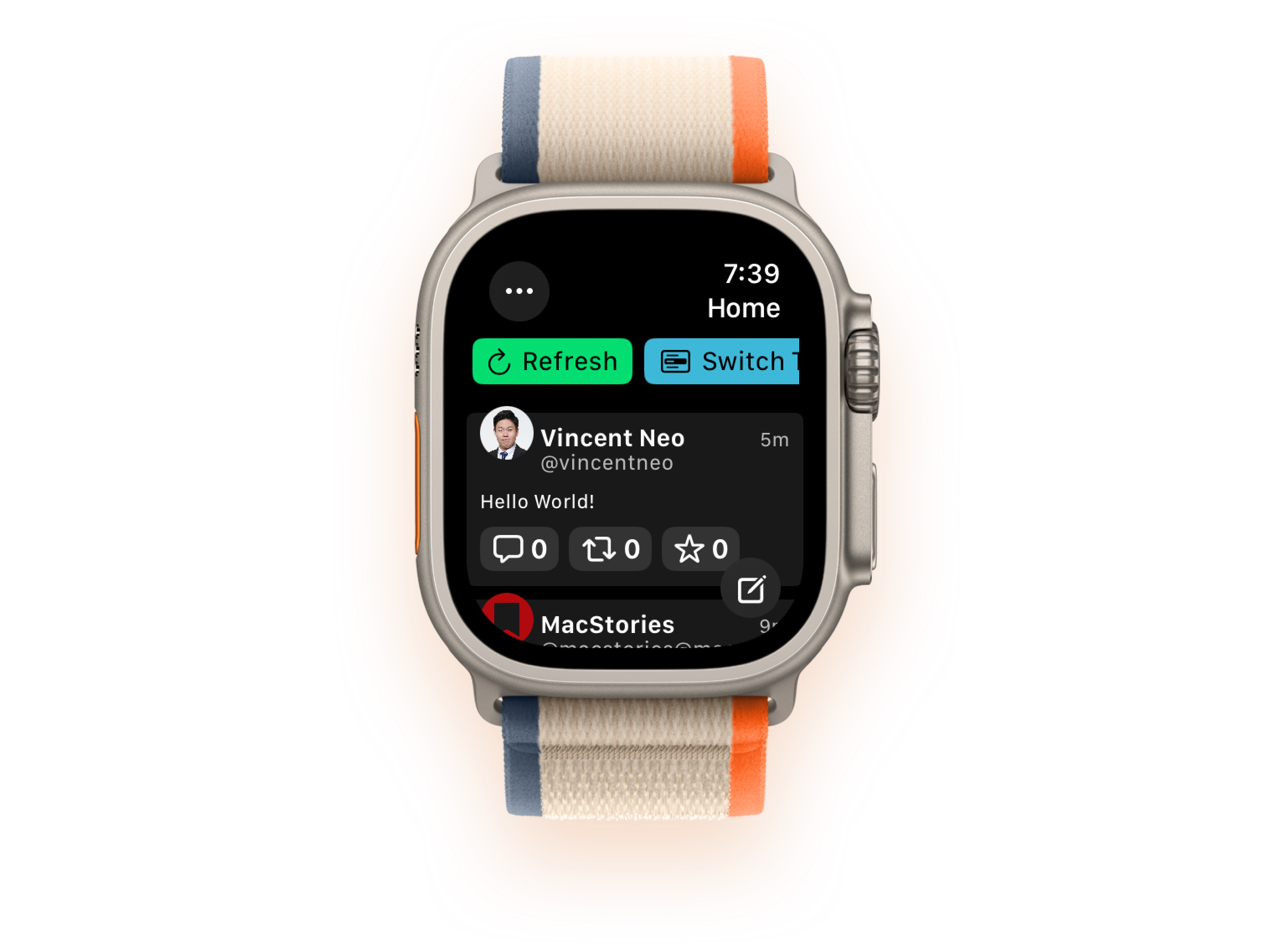Apple Watch Ultra running Oxpecker, Client for Mastodon