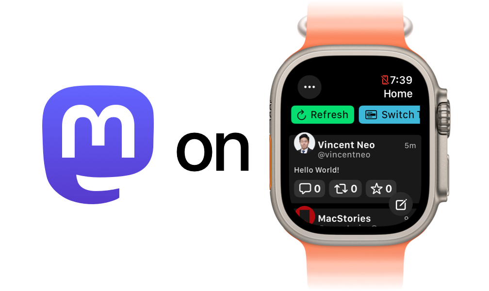 Graphic depicting Mastodon logo on the left and Apple Watch Ultra running Oxpecker client on the right.